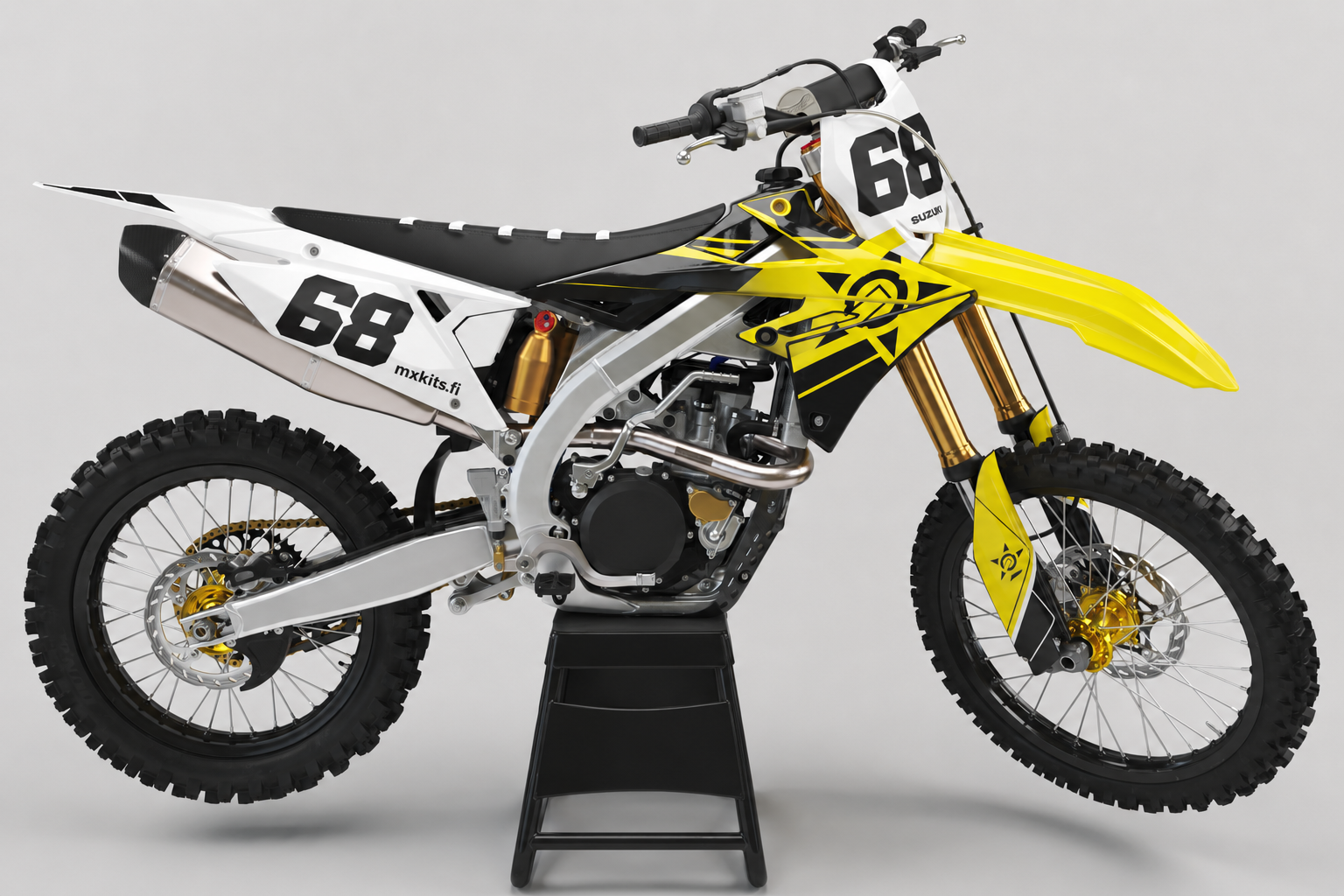 Suzuki RM-Z Rajayksikkö motocross-tarrasarja numerolla 68, geometrinen valkomustakeltainen grafiikka ja musta huoltopukki