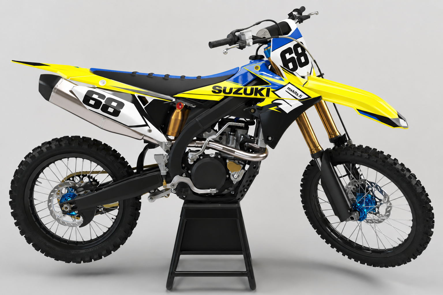 Suzuki RM-Z Sinikiito personoitava kelta-sininen motocross-tarrasarja sinisillä navoilla