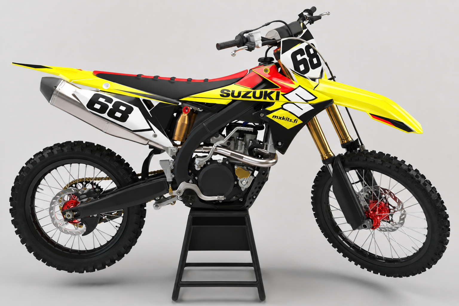 Suzuki RM-Z Punapulssi personoitava kelta-punainen motocross-tarrasarja punaisilla navoilla