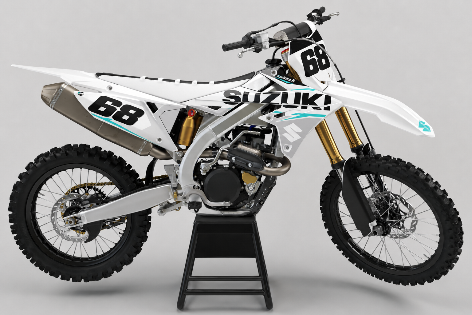 Suzuki RM-Z Jääkehrä motocross-tarrasarja valkoisena, mustana, harmaana ja turkoosina numerolla 68