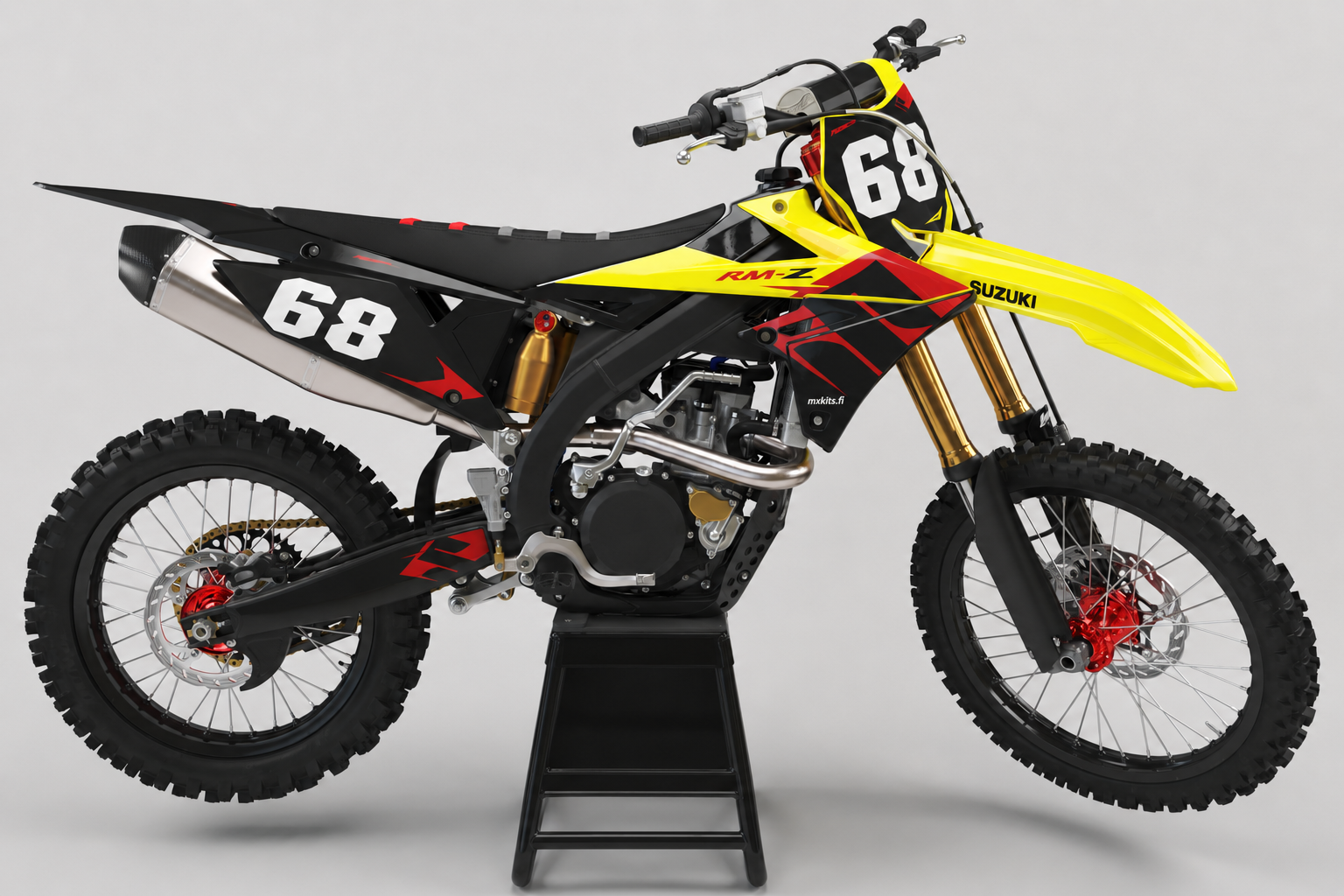Suzuki Mustapaino mustapunainen personoitava RM-Z motocross-tarrasarja numerolla 68