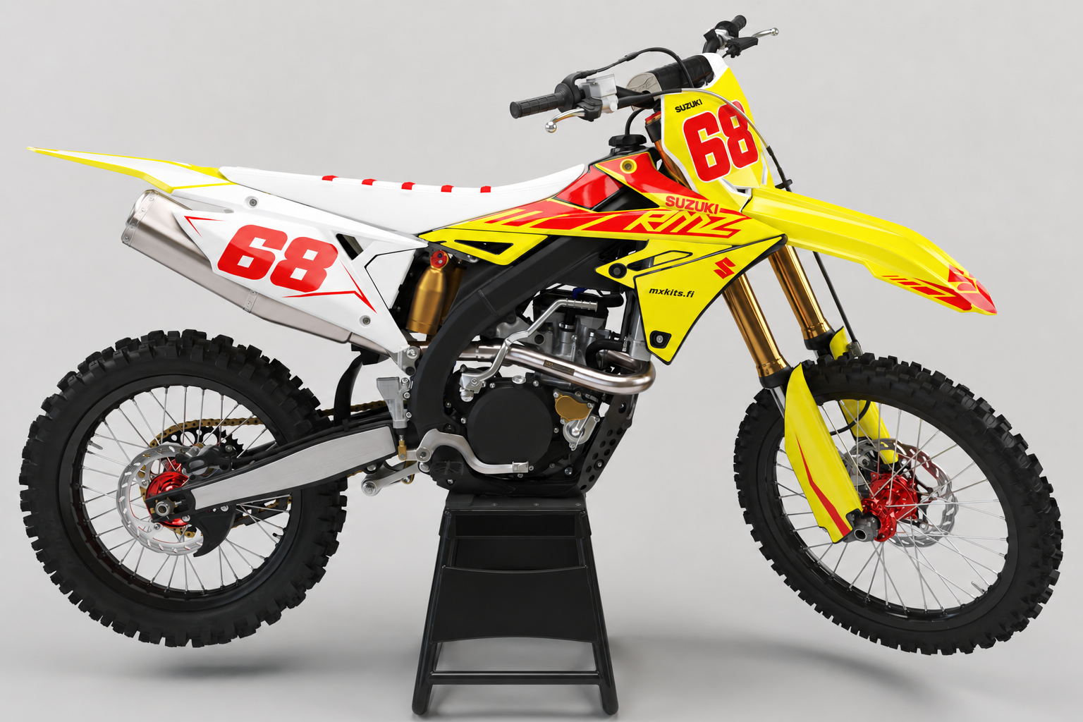 Suzuki RM-Z Punalähtö sponsoriton motocross-tarrasarja numerolla 68, punakeltainen sivukuva