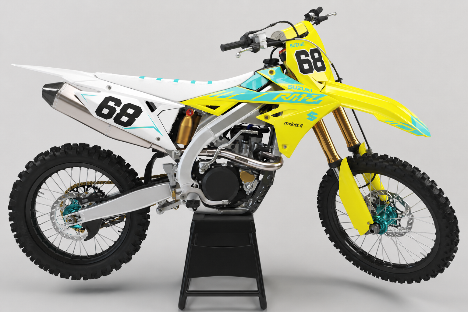 Suzuki RM-Z Turkoosilähtö sponsoriton motocross-tarrasarja numerolla 68, turkoosinkeltainen sivukuva