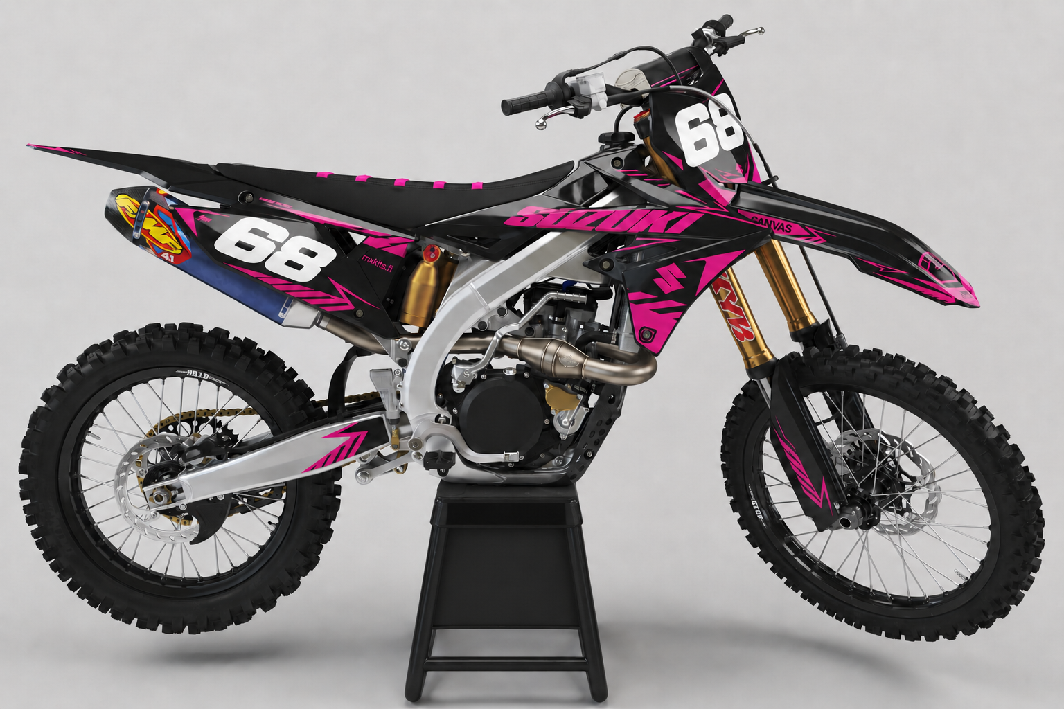 Suzuki RM-Z Sähköruusu neonpinkki personoitava sponsoriton motocross-tarrasarja numerolla 68, musta teline