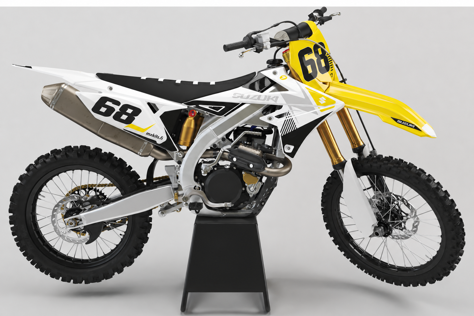 Suzuki RM-Z Valokärki motocross-tarrasarja valkoisena kelta-mustin yksityiskohdin ja personoitavalla numerolla