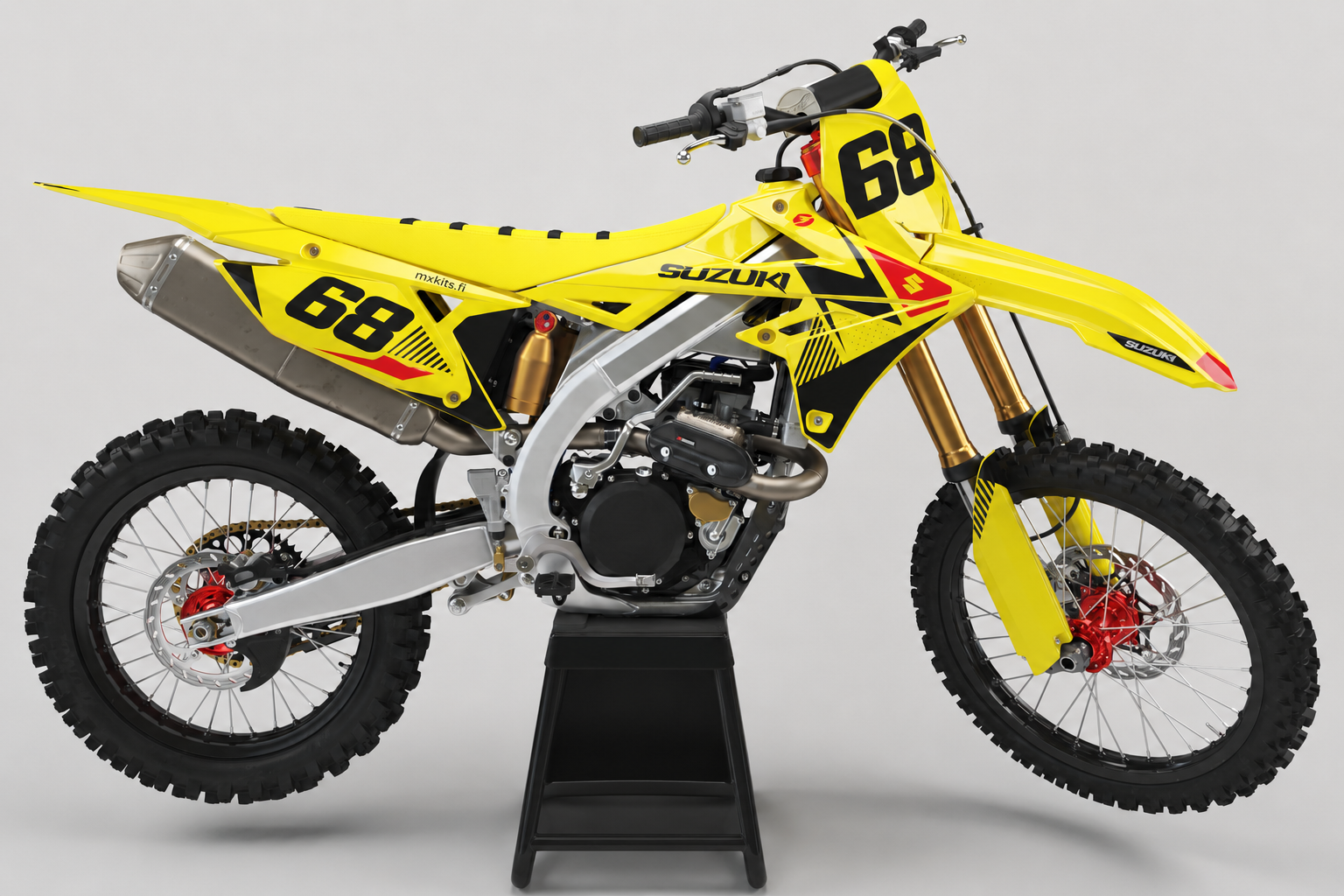 Suzuki RM-Z Keltamyrsky personoitava motocross-tarrasarja kirkkaankeltaisena mustin ja punaisin yksityiskohdin