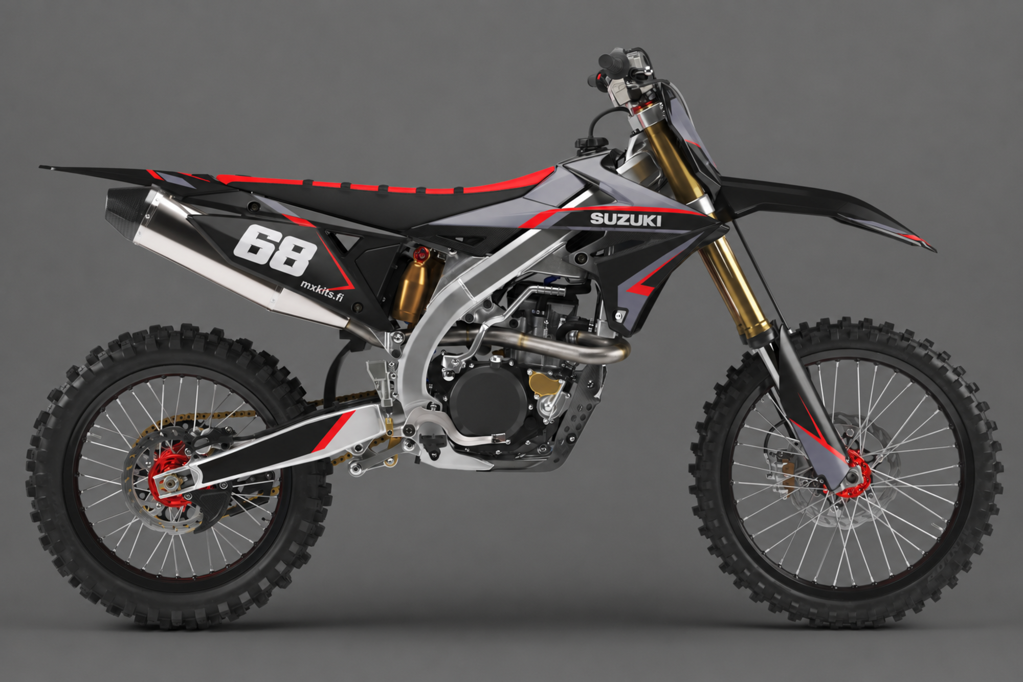 Musta, harmaa ja punainen Suzuki-motocrosspyörä Stock Murdered -grafiikalla, numero 68, SUZUKI ja mxkits.fi.