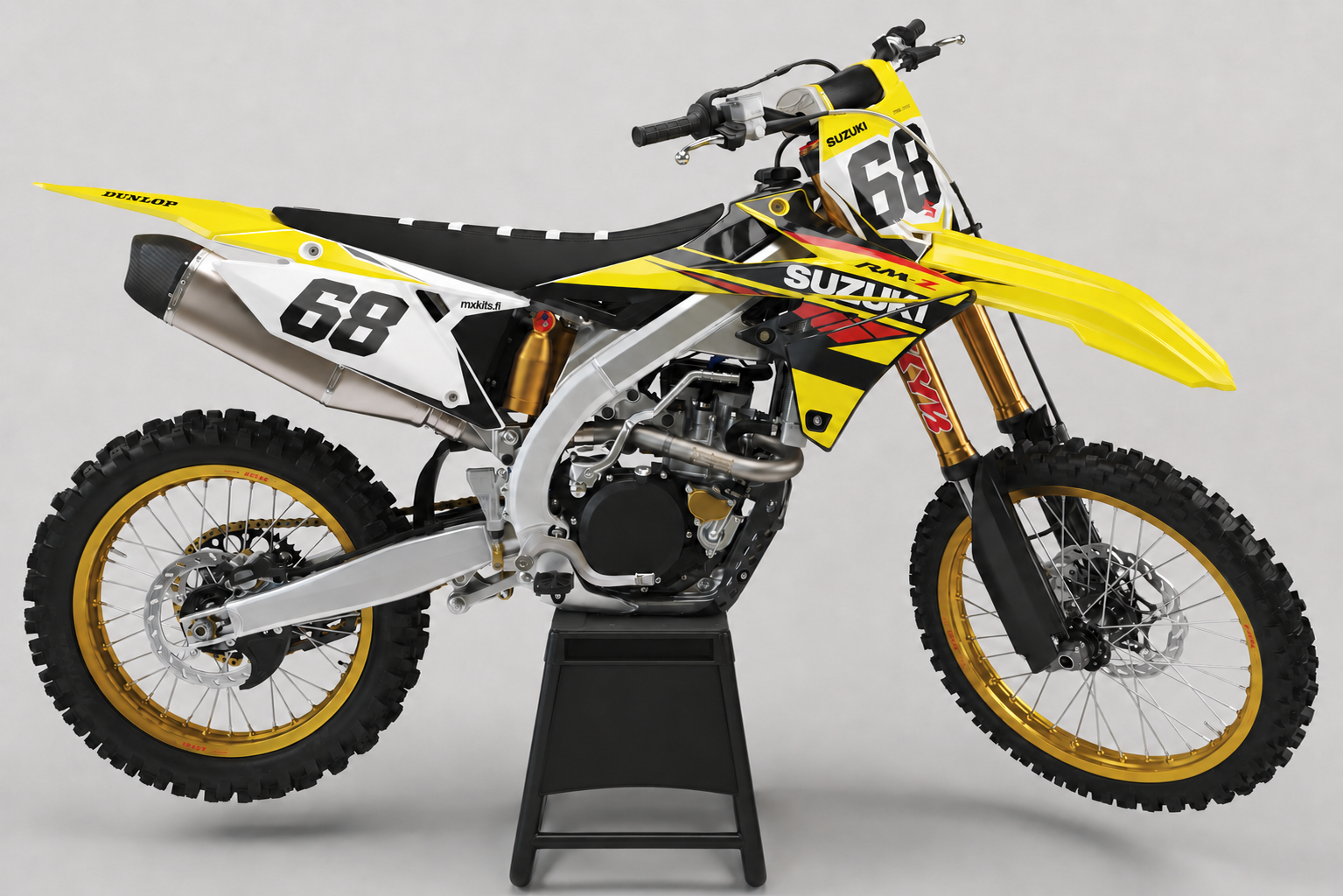 Suzuki RM-Z Teräshalkio harmaa personoitava motocross-tarrasarja numerolla 68, musta teline
