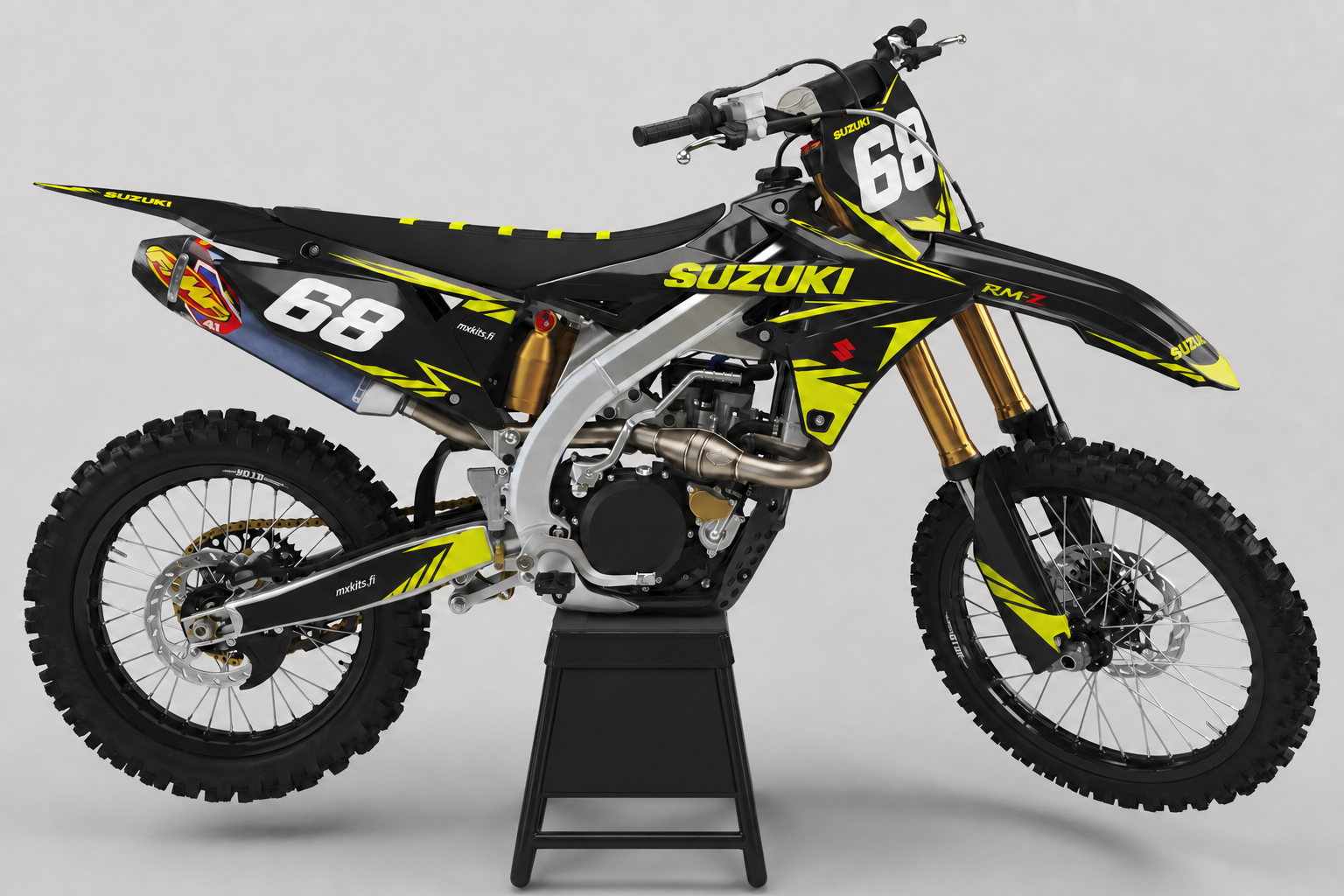 Suzuki RM-Z Teräspäätös personoitava vahva sponsoriton motocross-tarrasarja numerolla 68, musta teline