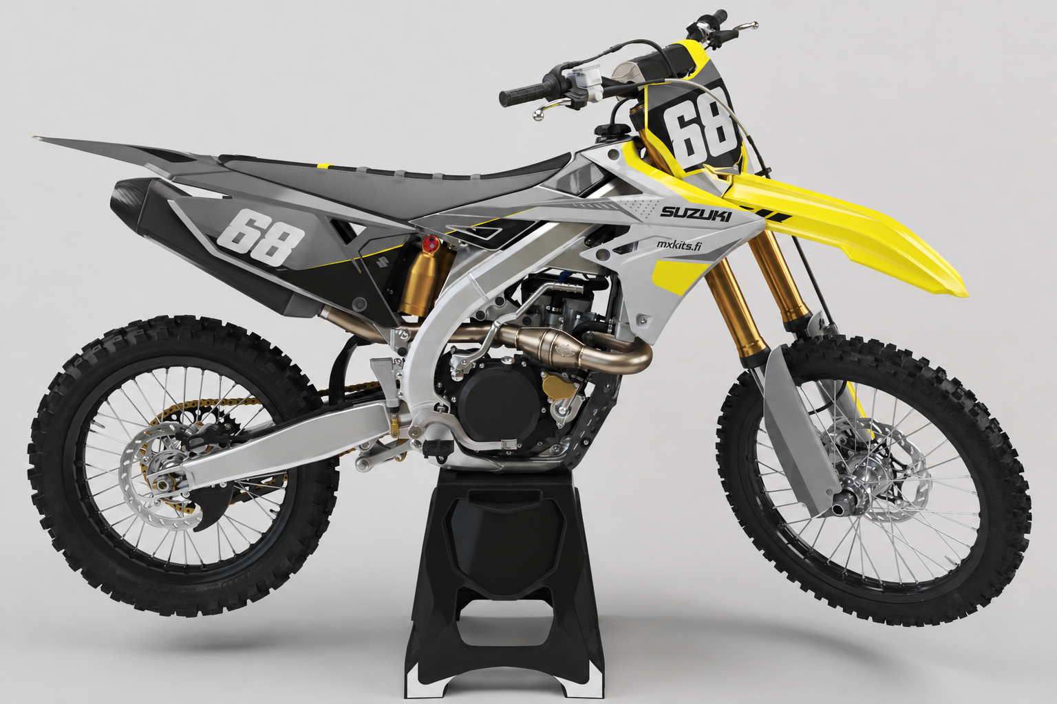 Harmaa musta ja keltainen Suzuki motocross-tarrasarja terävillä kiilakuvioilla, personoitava numero 68 ja mxkits.fi