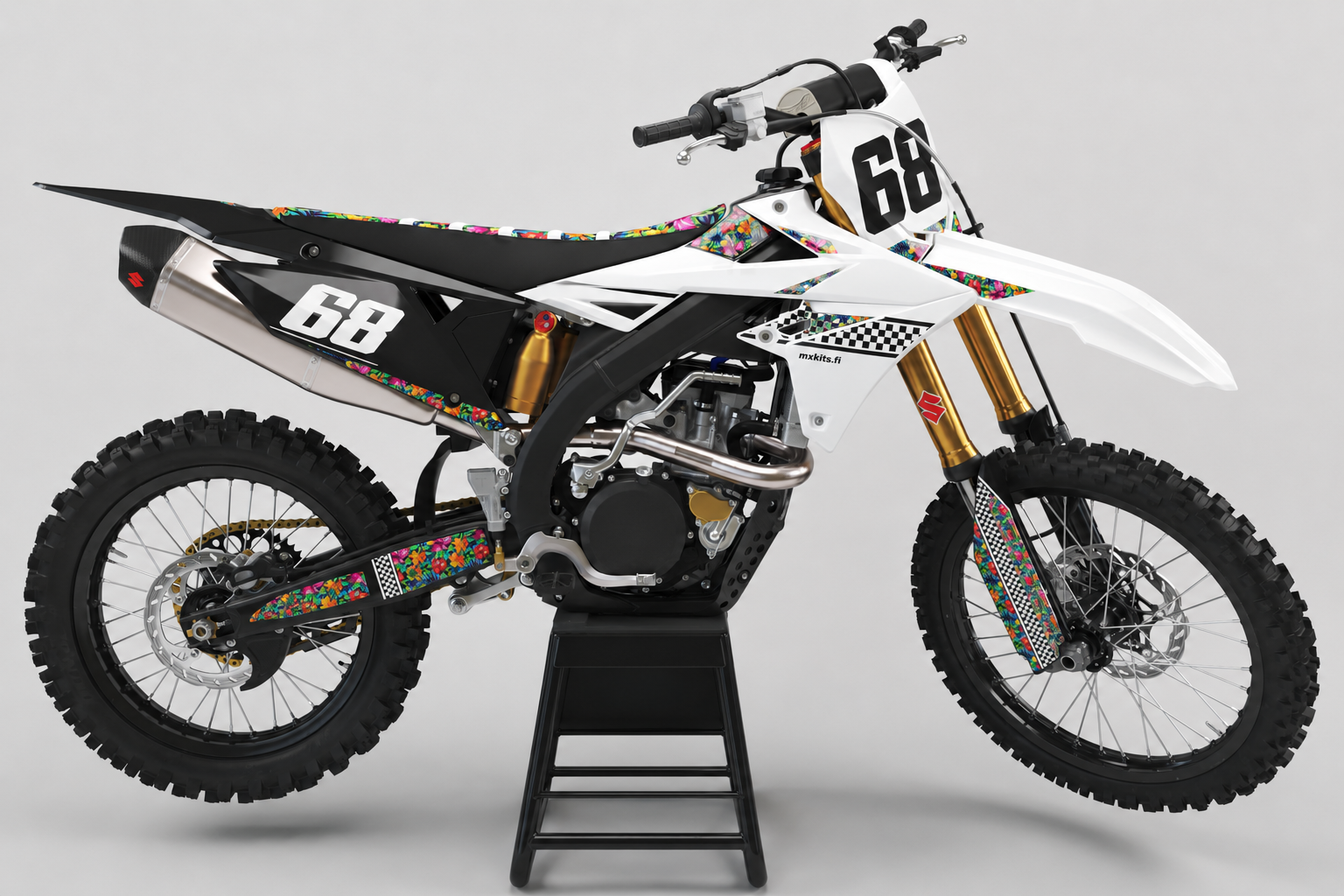Suzuki RM-Z Kukkavirta personoitava motocross-tarrasarja trooppisilla kukka- ja ruutukuvioilla, numerolla 68 ja mustalla huoltopukilla