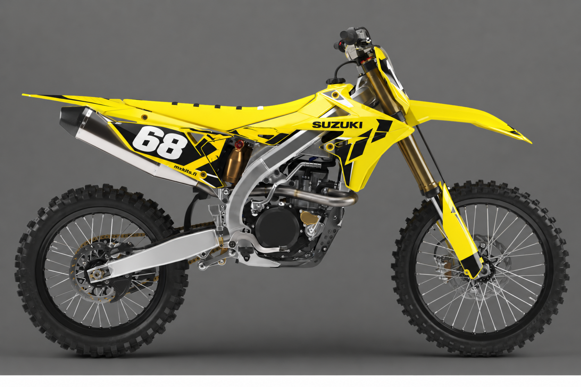 Kirkkaankeltainen ja musta Suzuki-motocrosspyörä Tropic Lightning -grafiikalla, numero 68, SUZUKI ja mxkits.fi.