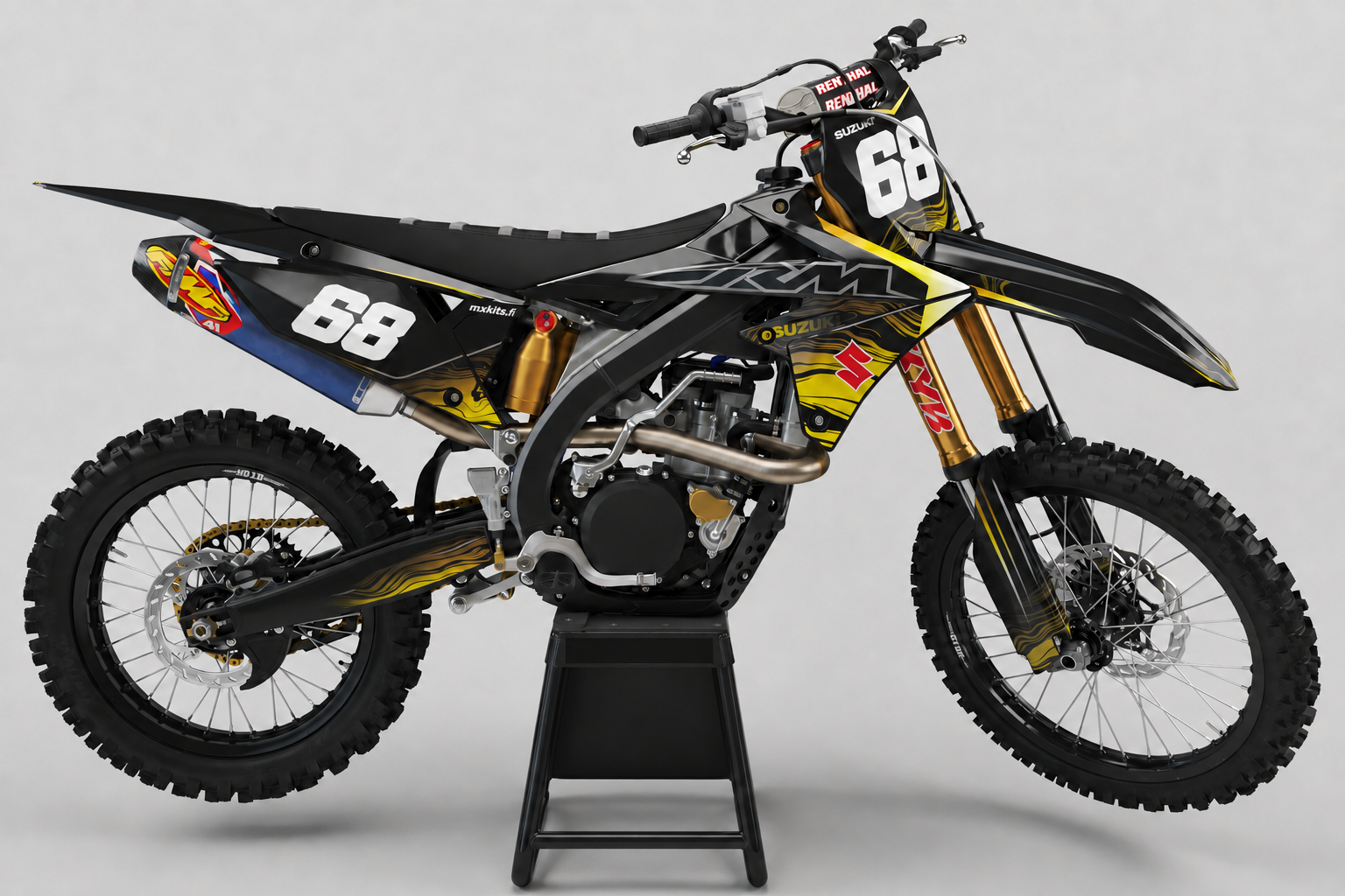 Suzuki RM-Z Usvaloitsu personoitava kerroksellinen sponsoriton motocross-tarrasarja numerolla 68, musta teline