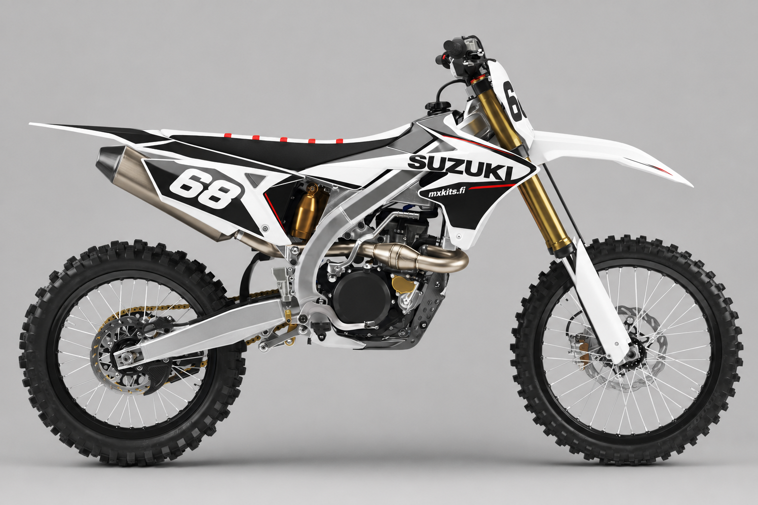 Suzuki Valkostartti personoitava motocross-tarrasarja, valkoinen musta ja punainen grafiikka sekä esimerkkiluku 68