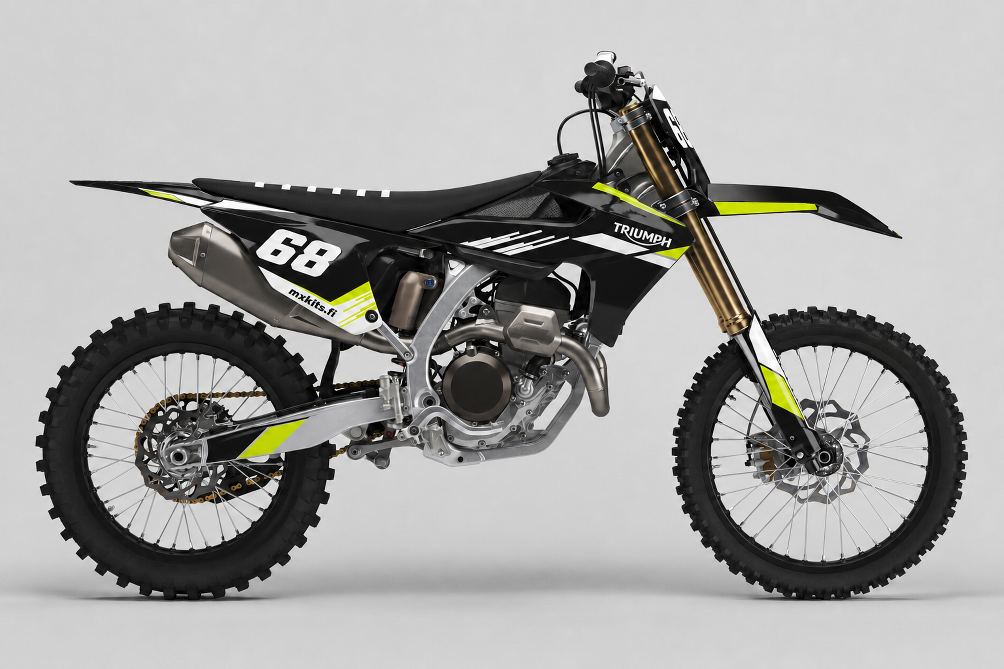 Musta ja hiilenharmaa Triumph-motocrosspyörä valkoisilla ja limenvihreillä grafiikka-aksenteilla, numero 68, TRIUMPH ja mxkits.fi.