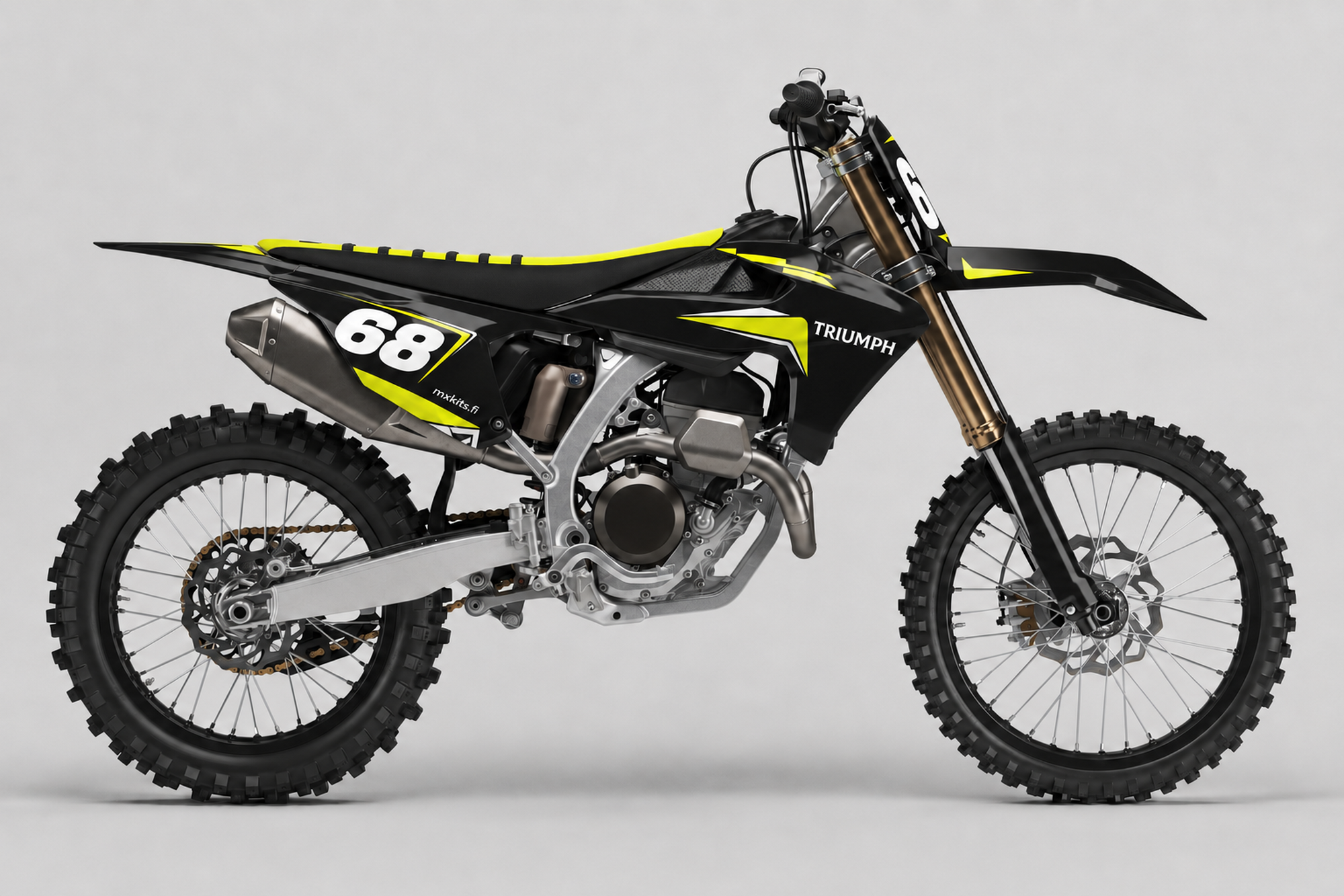 Musta Triumph-motocrosspyörä terävillä neonkeltaisilla grafiikka-aksenteilla, numero 68, TRIUMPH ja mxkits.fi.