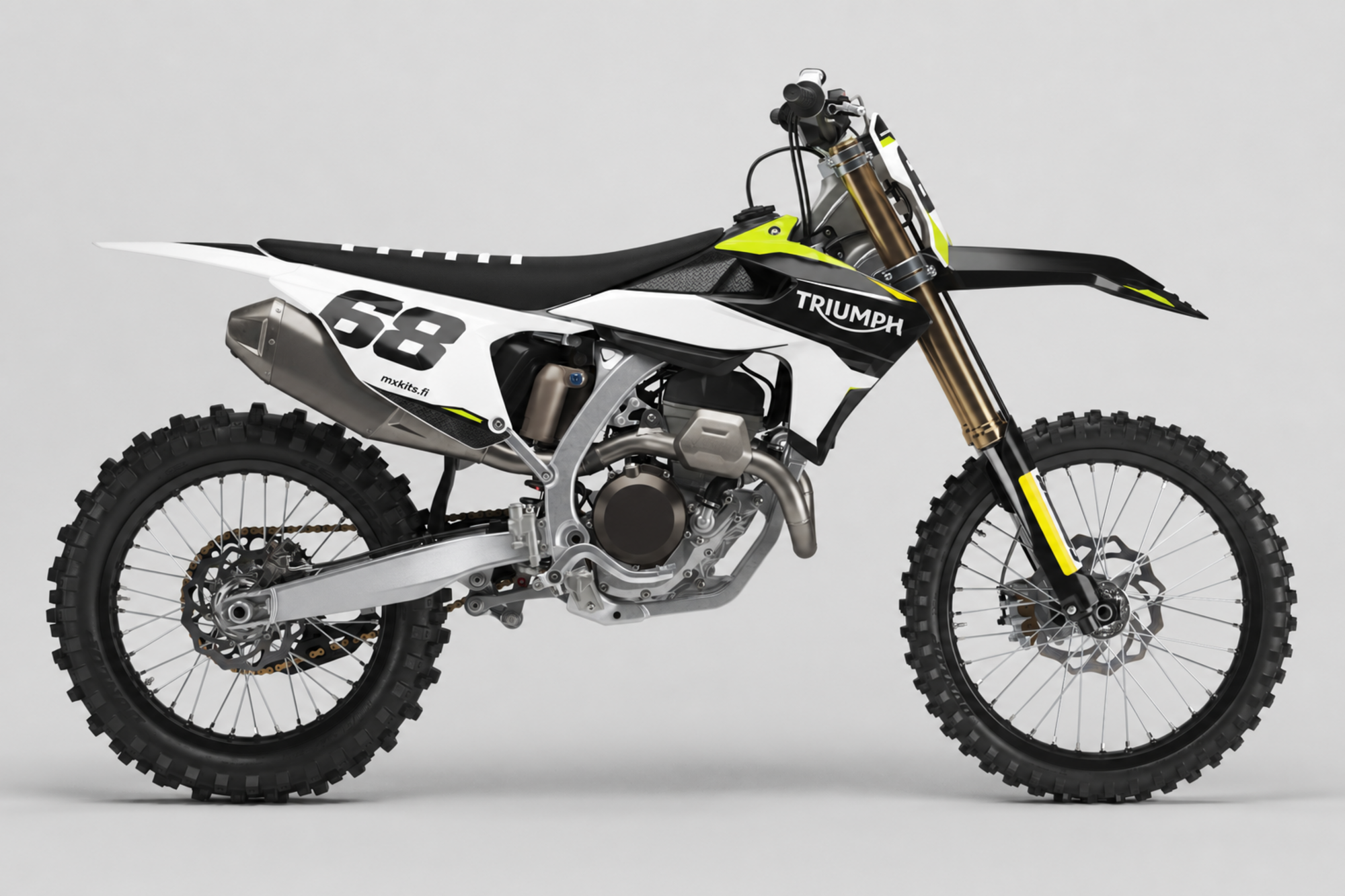 Valkoinen ja musta Triumph-motocrosspyörä hiilenharmailla ja neonkeltavihreillä aksenteilla, numero 68, TRIUMPH ja mxkits.fi.