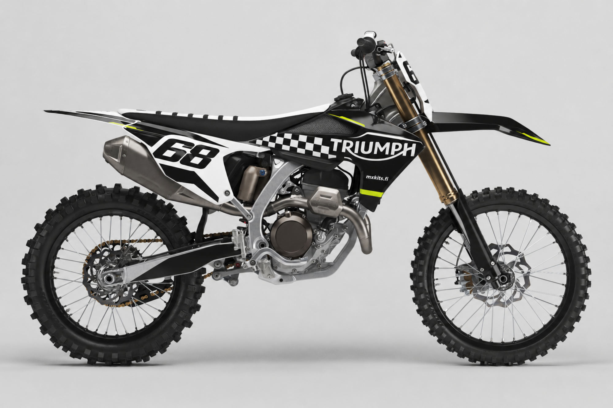 Musta ja valkoinen Triumph-motocrosspyörä ruutukuviolla ja limenkeltaisilla aksenteilla, numero 68, TRIUMPH ja mxkits.fi.