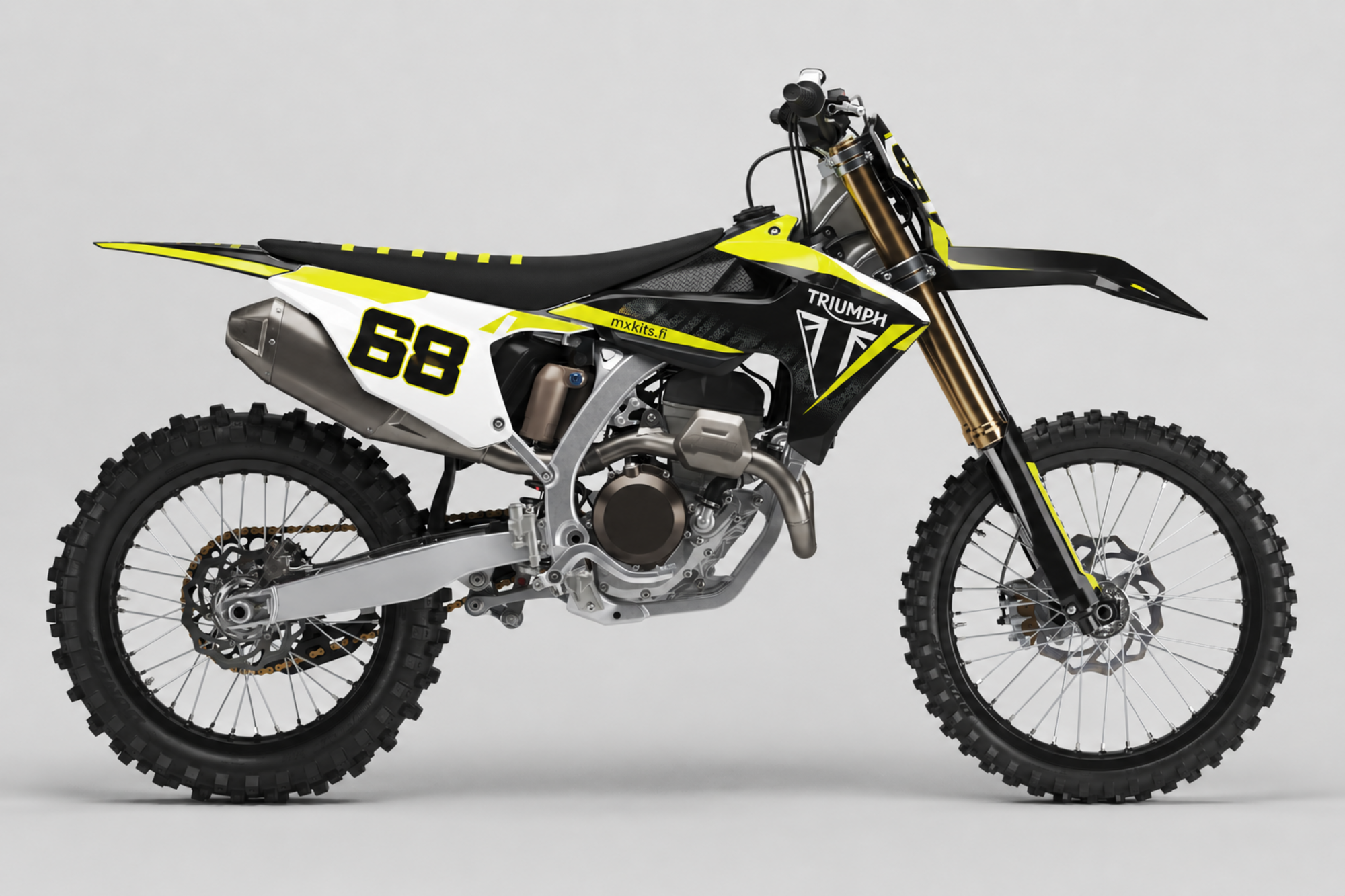 Musta ja valkoinen Triumph-motocrosspyörä neonkeltaisilla viiva-aksenteilla, numero 68, TRIUMPH ja mxkits.fi.