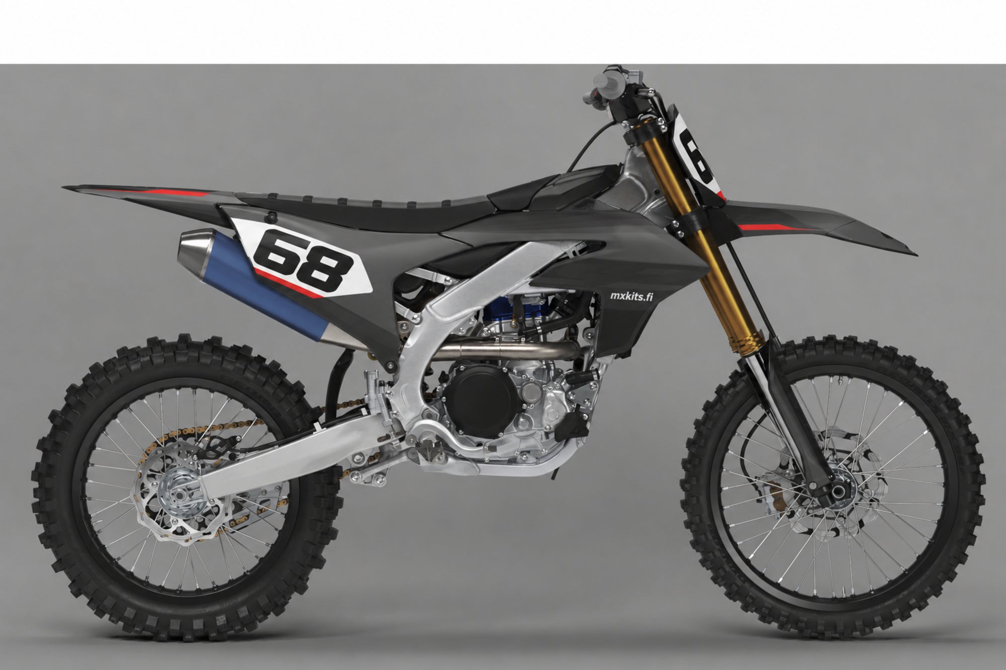 Yamaha Aaltokaari sponsoriton motocross-tarrasarja numerolla 68 ja mxkits.fi-grafiikalla, musta, grafiitinharmaa, Yamaha-sininen ja valkoinen, studionäkymä