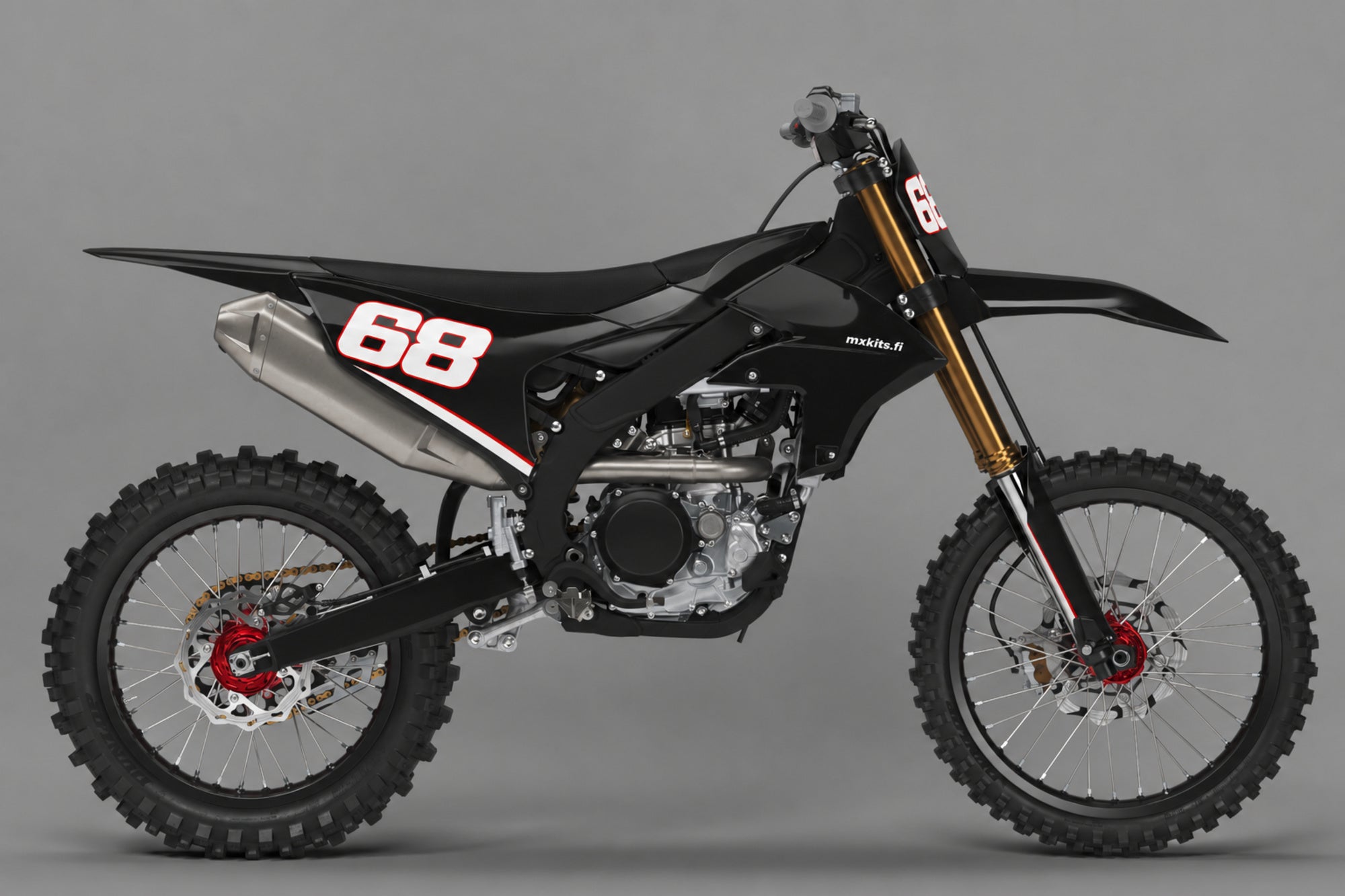Yamaha Aaltolinja sponsoriton motocross-tarrasarja numerolla 68 ja mxkits.fi-grafiikalla, Yamaha-sininen, kontrastisävy, tumma antrasiitti ja valkoinen, studionäkymä