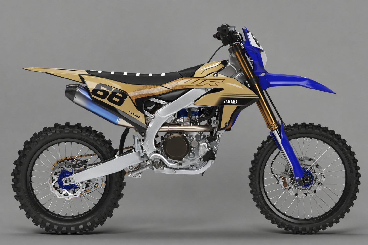 Yamaha Aavikkokulta personoitava motocross-tarrasarja, sininen, valkoinen ja kultainen sponsoriton grafiikka sekä esimerkkiluku 68