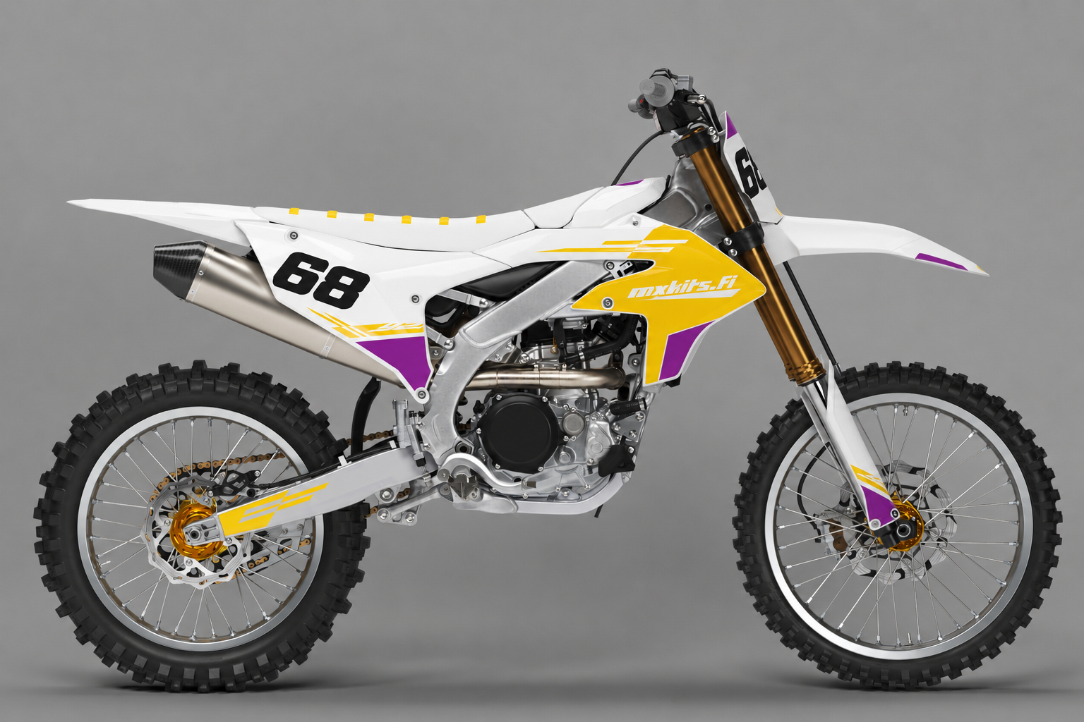 Yamaha Aurinkosärmä personoitava motocross-tarrasarja numerolla 68, valkoinen kullankeltainen ja violetti design