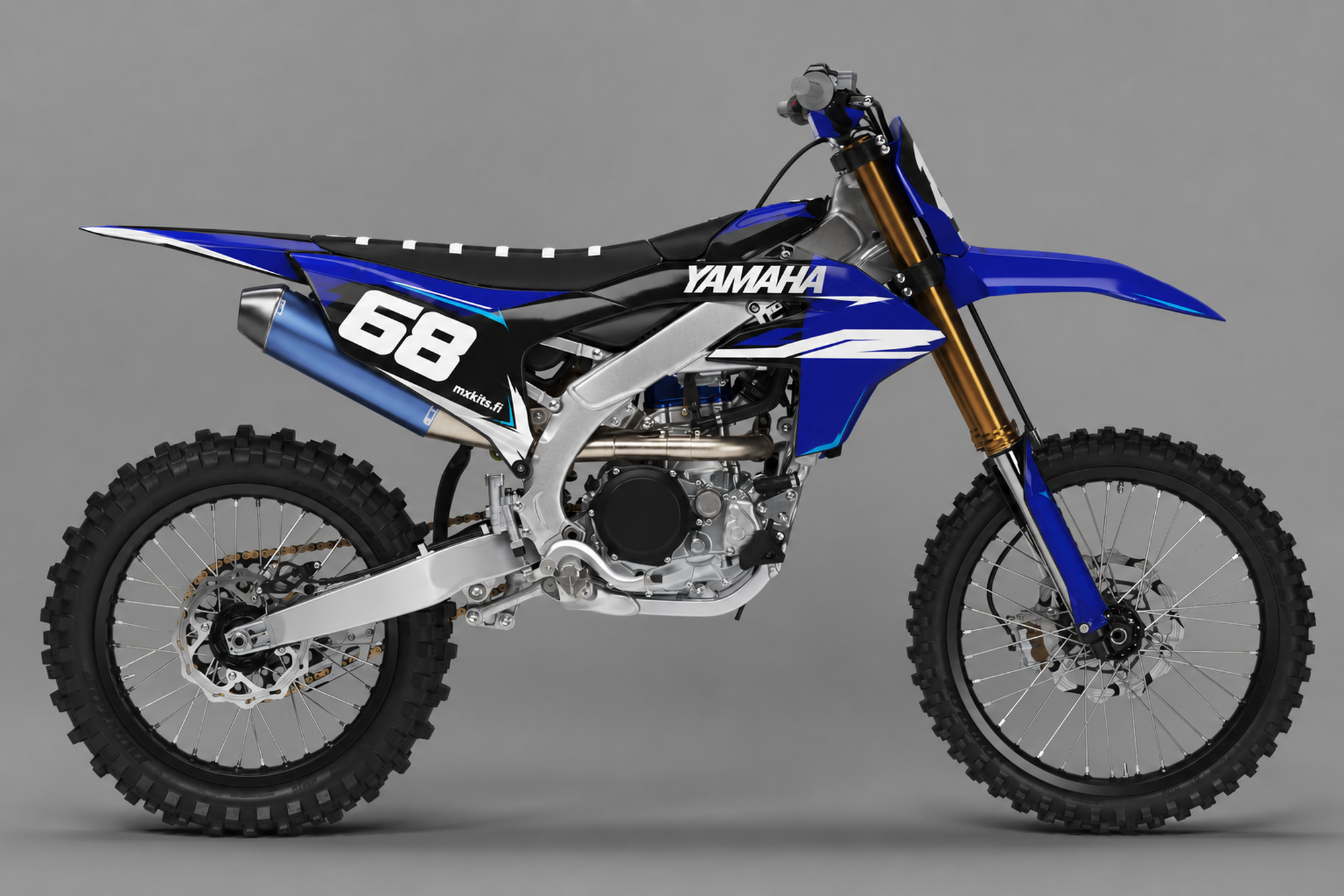 Sininen ja musta Yamaha-motocrosspyörä Blue Velvet -grafiikalla, valkoinen numero 68, YAMAHA ja mxkits.fi.