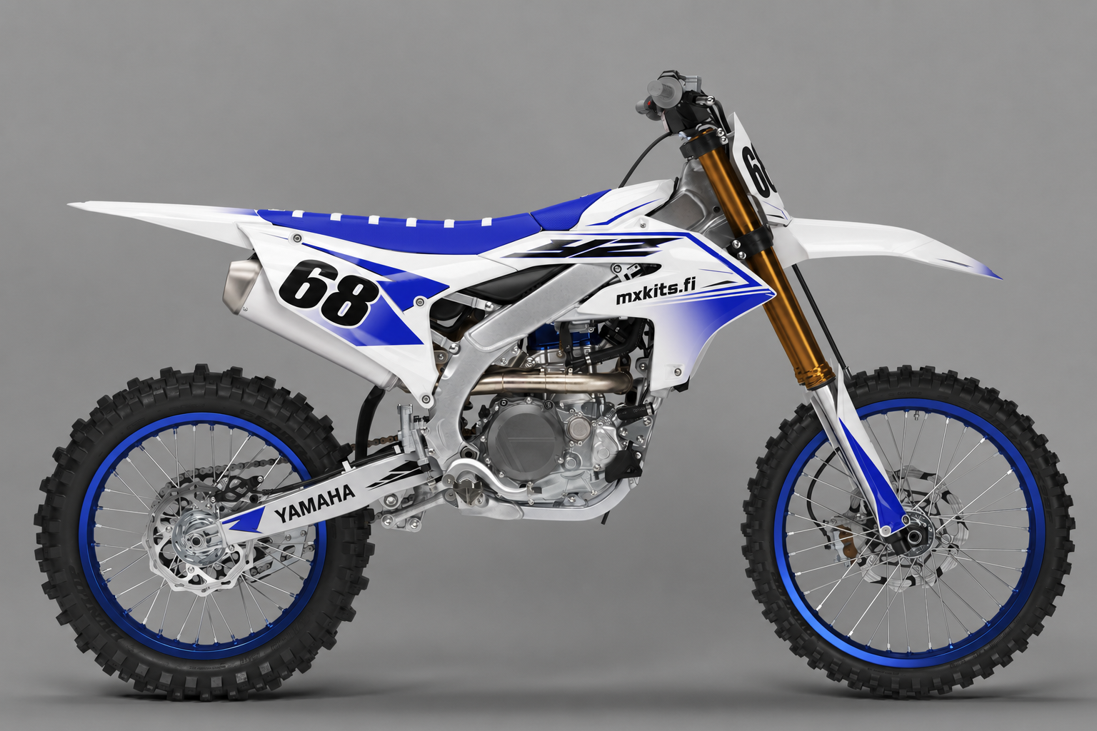 Yamaha Jäävirta personoitava motocross-tarrasarja numerolla 68, valkoinen sininen ja musta sponsoriton design