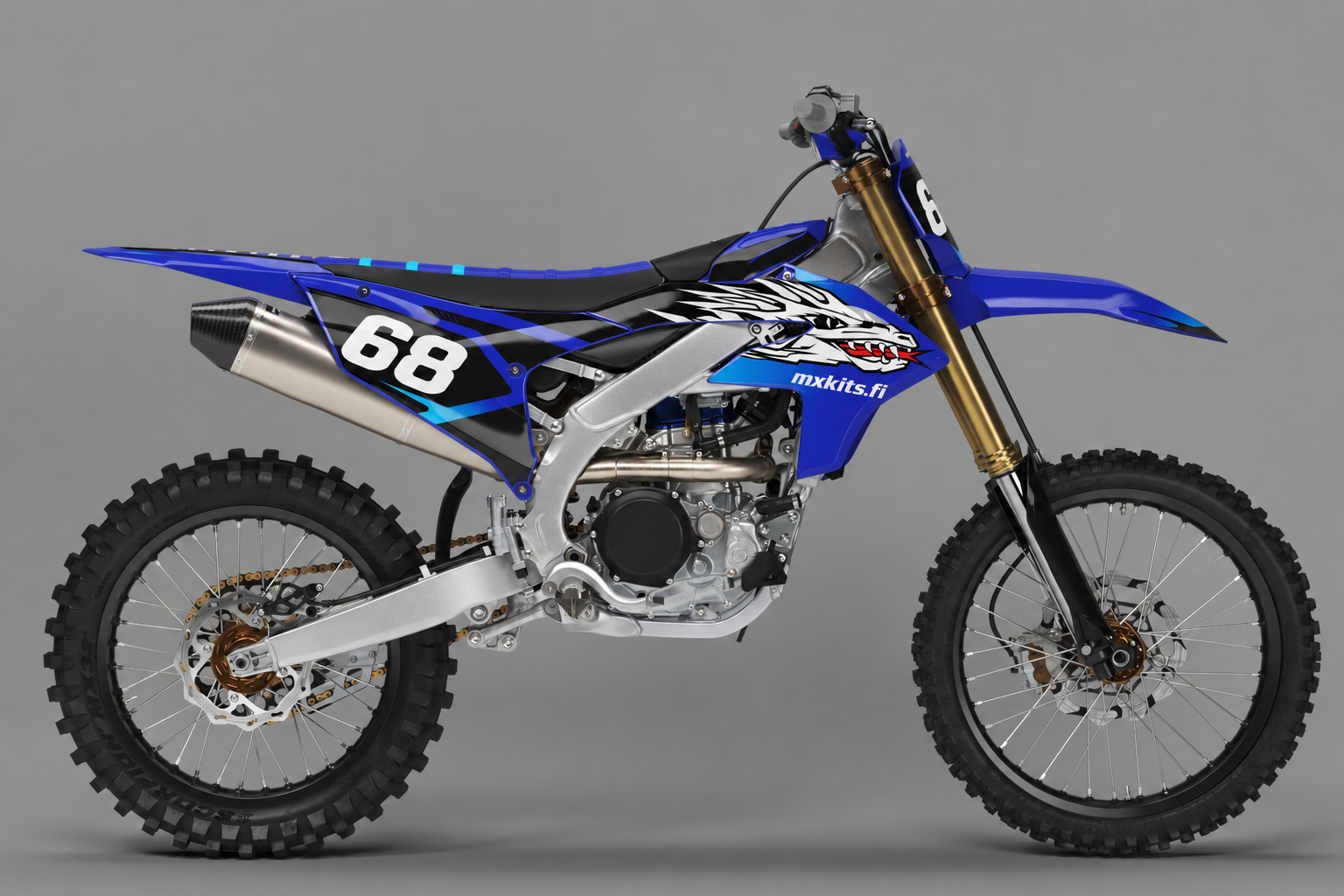 Yamaha Kobolttipeto personoitava motocross-tarrasarja numerolla 68, koboltinsininen musta valkoinen ja syaani