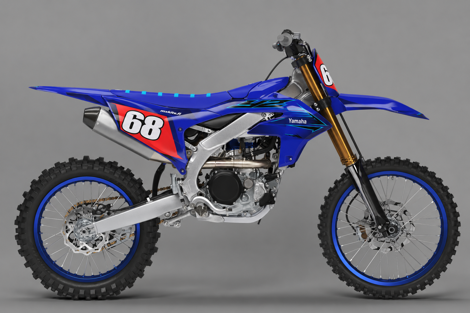 Yamaha Laguunisärmä personoitava motocross-tarrasarja, sininen syaani ja punainen, numero 68 ja mxkits.fi