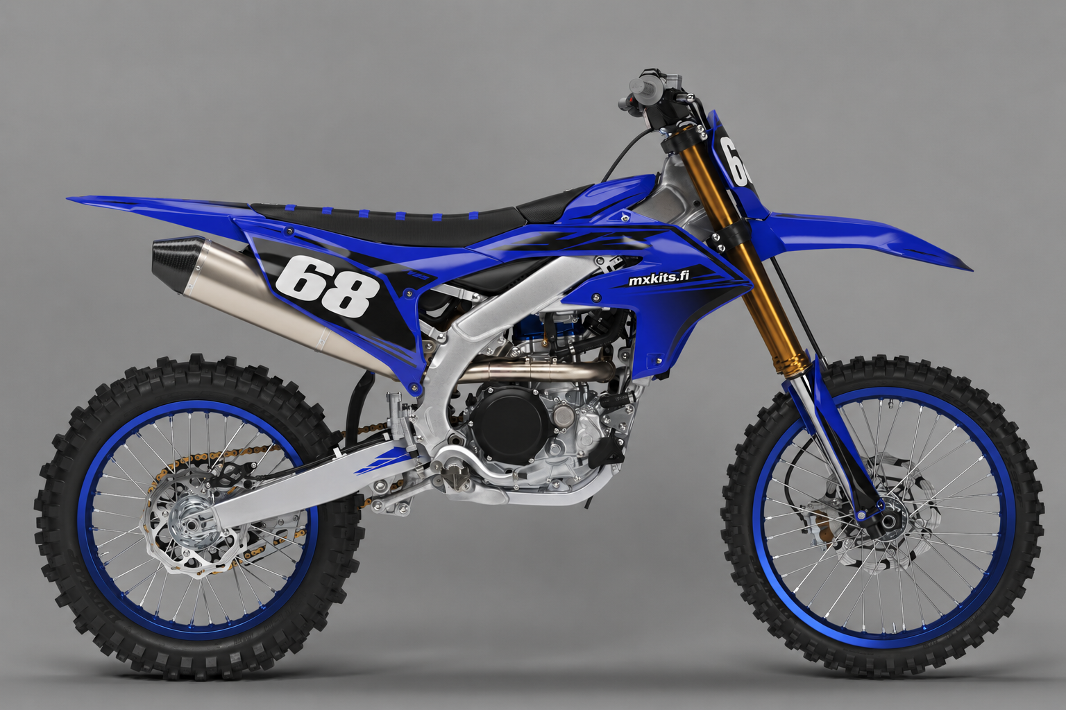 Yamaha Mustavirta personoitava motocross-tarrasarja numerolla 68, sininen ja musta sponsoriton design