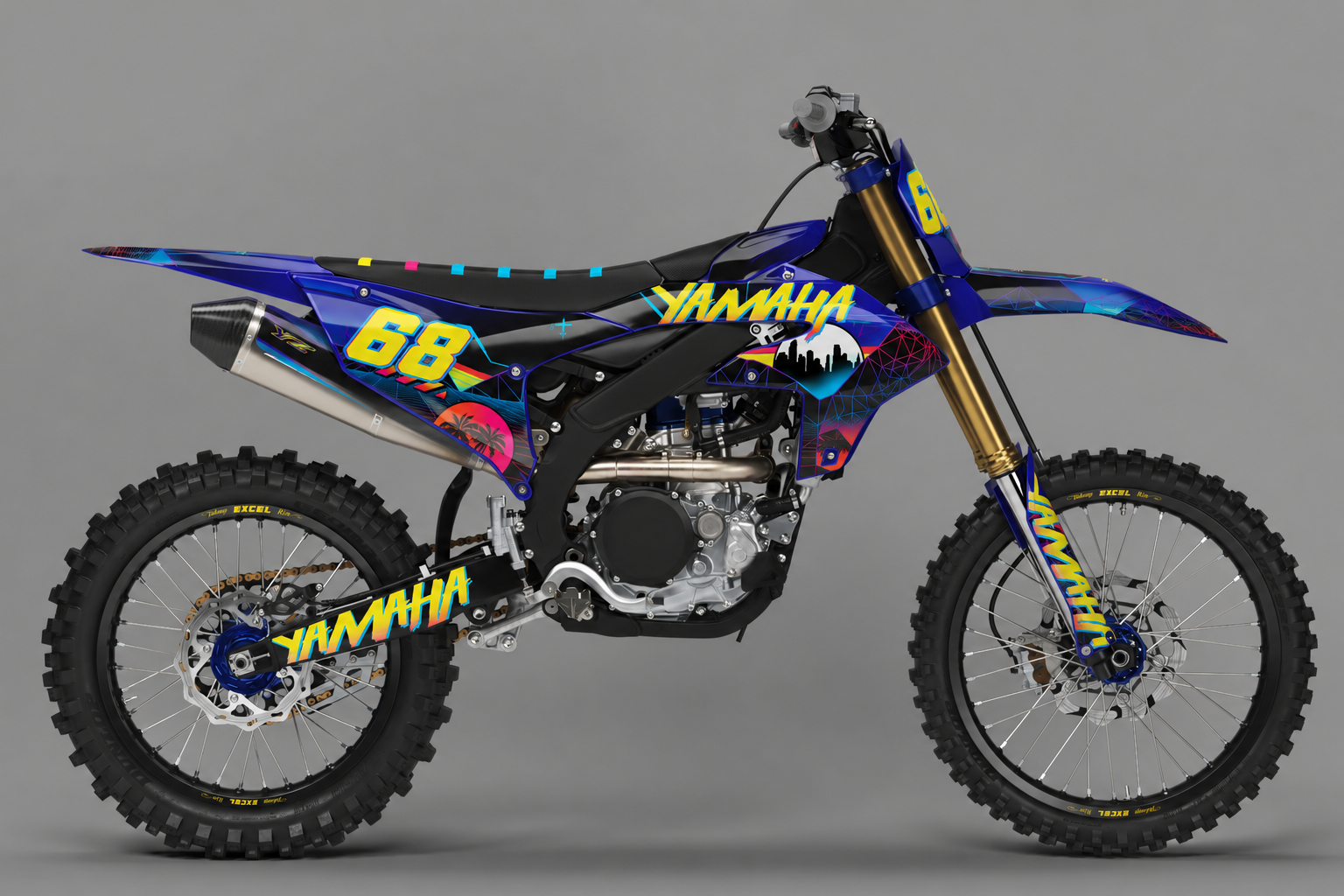 Yamaha motocross-grafiikkasarja sinisenä, keltaisena ja magentana, numero 68, sivuprofiili