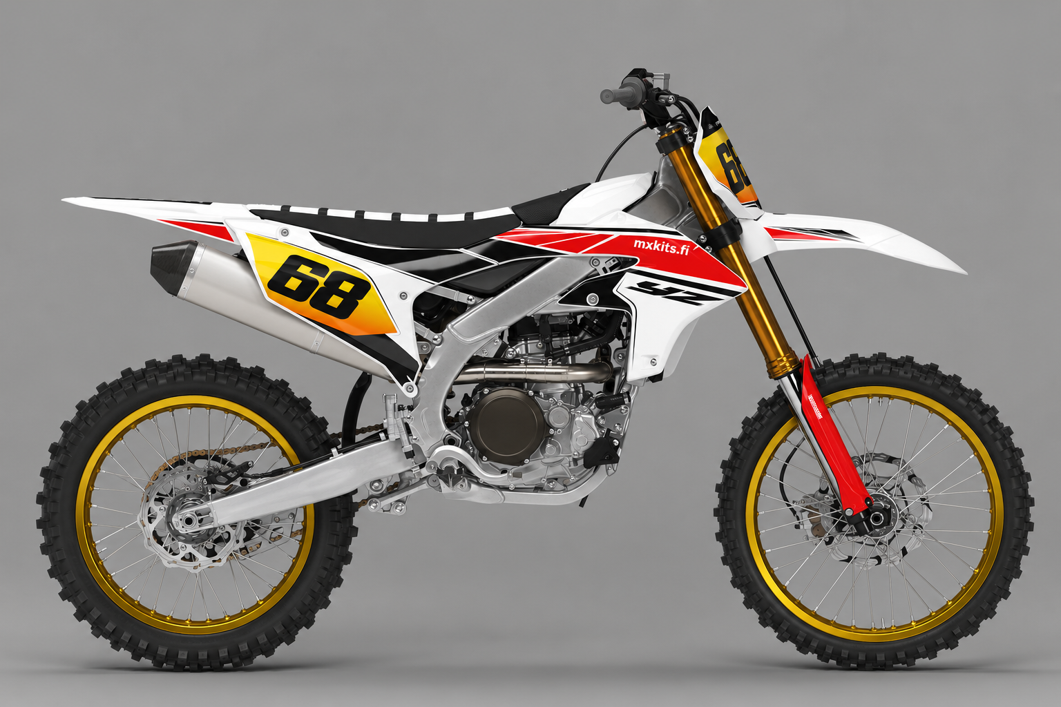 Valkoinen Yamaha motocross-tarrasarja punaisin, mustin ja kultaisin yksityiskohdin, numero 68, sivukuva
