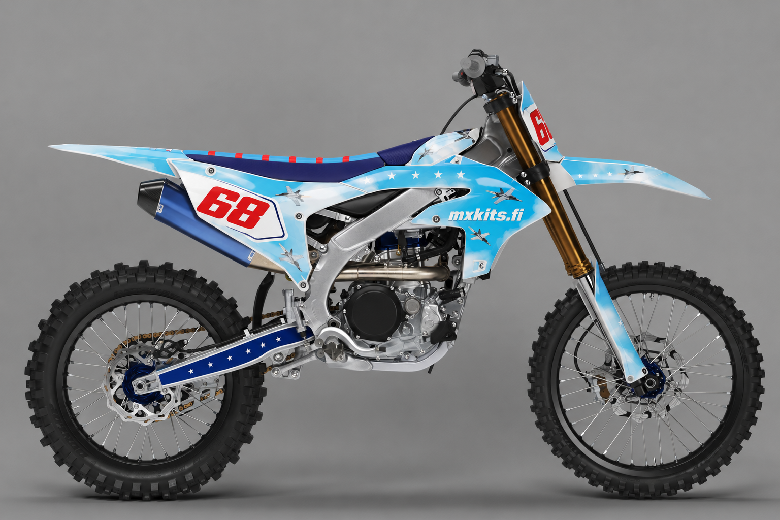 Yamaha Pilvikiila personoitava motocross-tarrasarja numerolla 68, vaaleansininen pilvi tähti ja suihkukoneteema