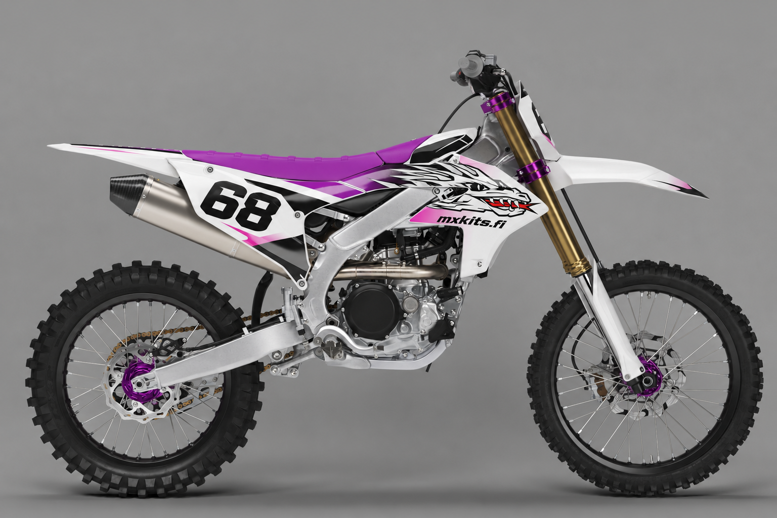 Yamaha Purppurakynsi personoitava motocross-tarrasarja numerolla 68, valkoinen musta ja purppura