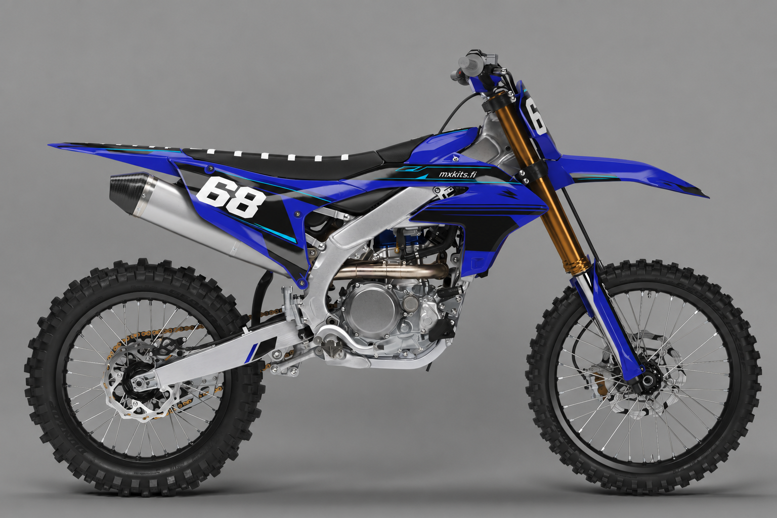 Yamaha Sähköviima personoitava motocross-tarrasarja numerolla 68, sininen musta valkoinen ja syaani design