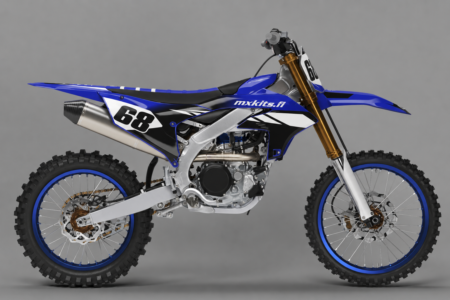 Yamaha Siniteräs personoitava motocross-tarrasarja numerolla 68, kuninkaansininen musta valkoinen tekninen design