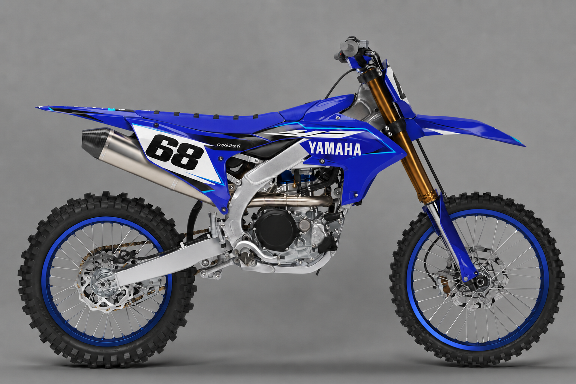 Yamaha YZ-F Siniloiste -tarrasarja numerolla 68, Yamaha-sininen pohja, valkoinen numerokenttä ja syaaniset reunukset