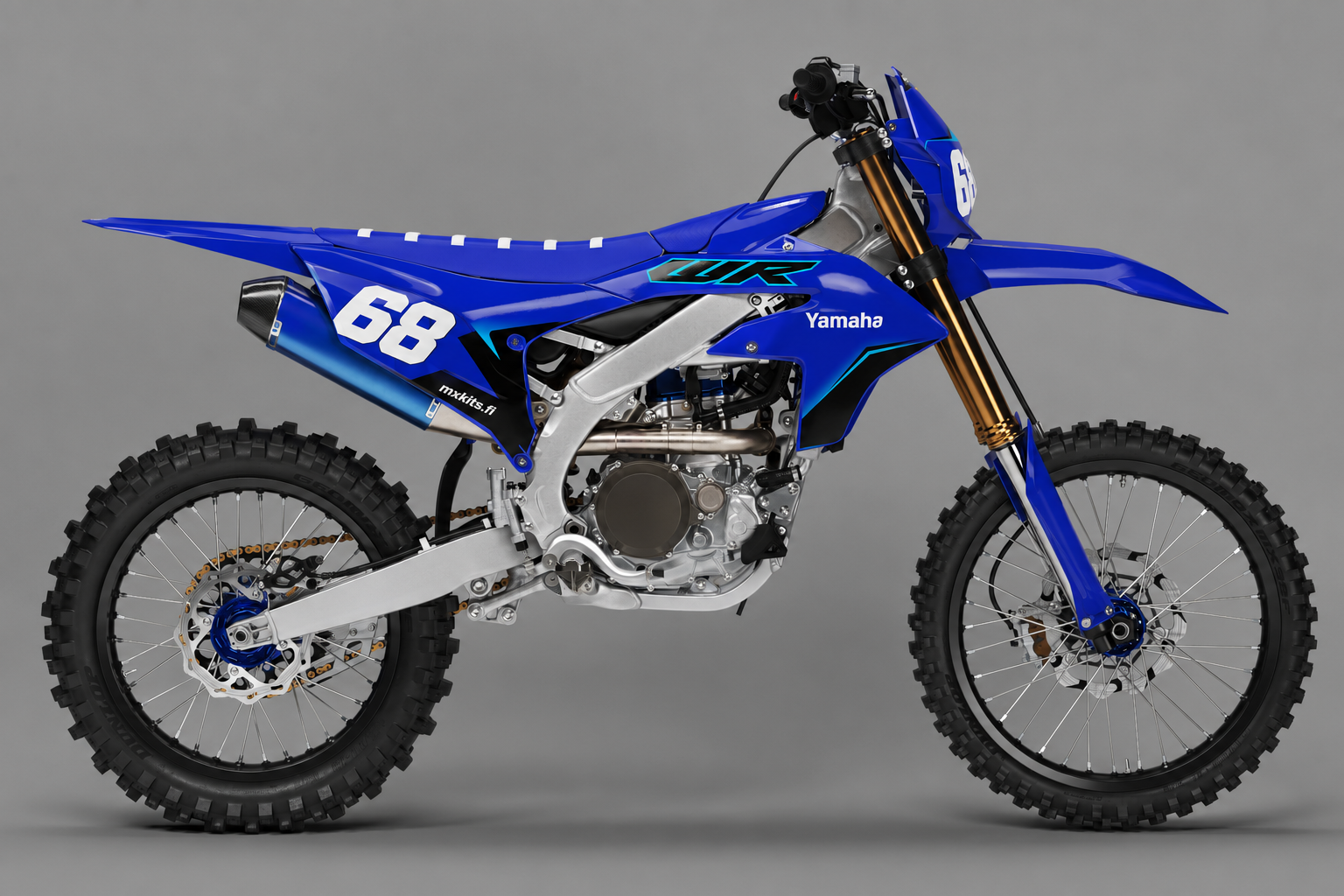 Yamaha Syaanirata personoitava motocross-tarrasarja, sininen, syaani ja valkoinen sponsoriton grafiikka sekä esimerkkiluku 68