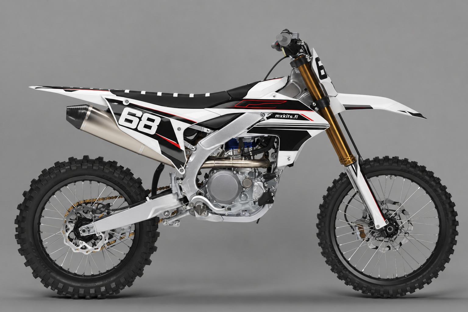 Yamaha Valkosalama personoitava motocross-tarrasarja numerolla 68, valkoinen musta ja punainen design
